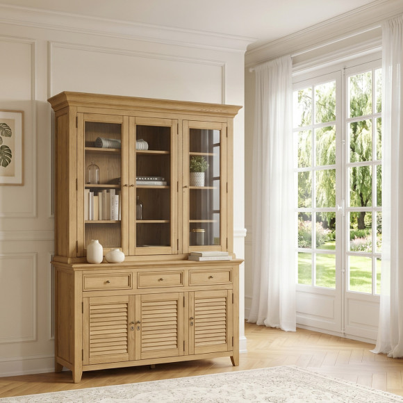 Vaisselier CHARLES - Style shabby chic en chêne, 3 tiroirs, 6 portes