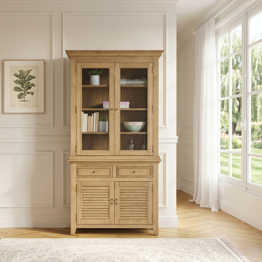 Vaisselier CHARLES - Style shabby chic en chêne, 2 tiroirs, 4 portes