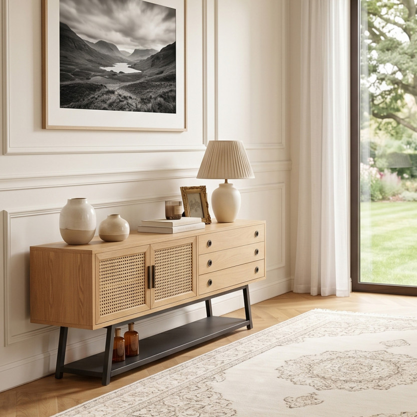 LALALA - Buffet en chêne et cannage, métal, style scandinave 2 portes, 2 tiroirs, 160 cm