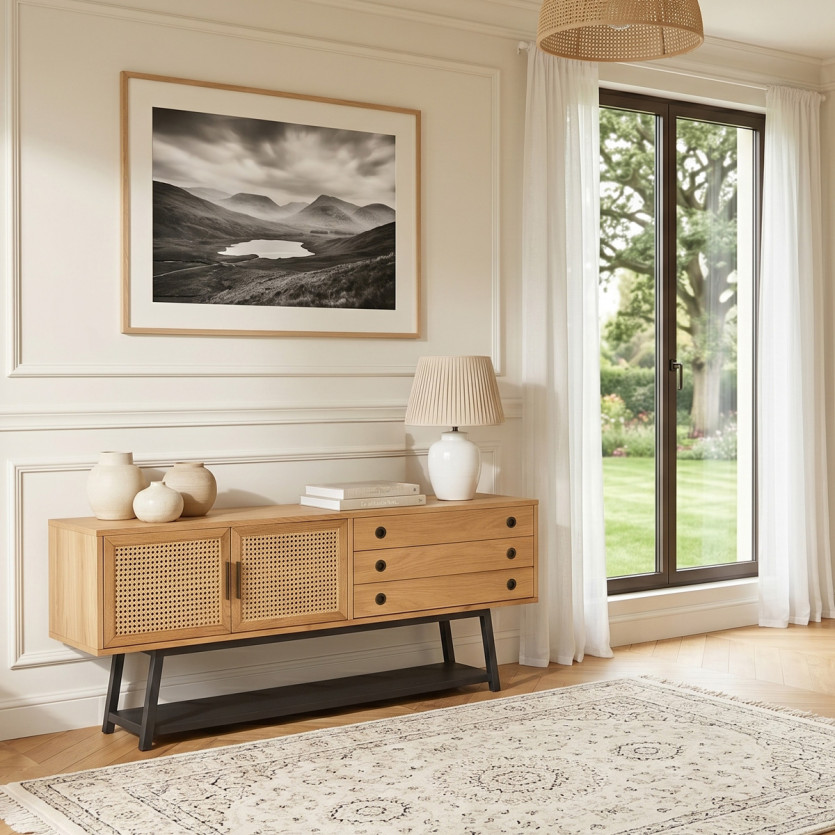 LALALA - Buffet en chêne et cannage, métal, style scandinave 2 portes, 2 tiroirs, 160 cm