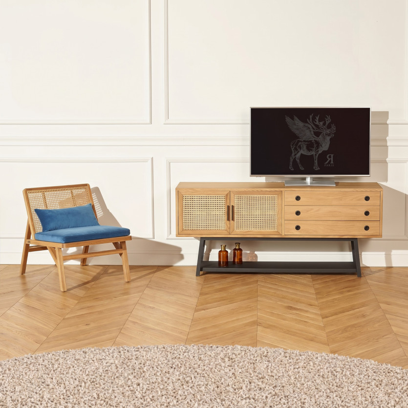 LALALA - Buffet en chêne et cannage, métal, style scandinave 2 portes, 2 tiroirs, 160 cm