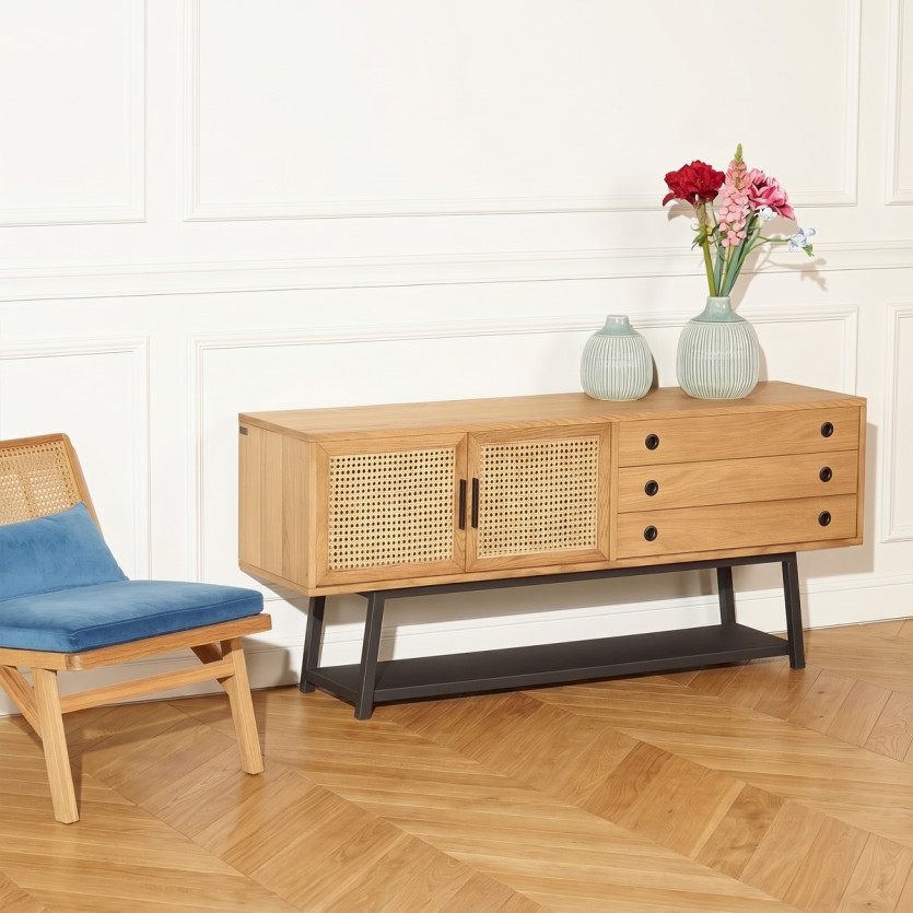LALALA - Buffet en chêne et cannage, métal, style scandinave 2 portes, 2 tiroirs, 160 cm