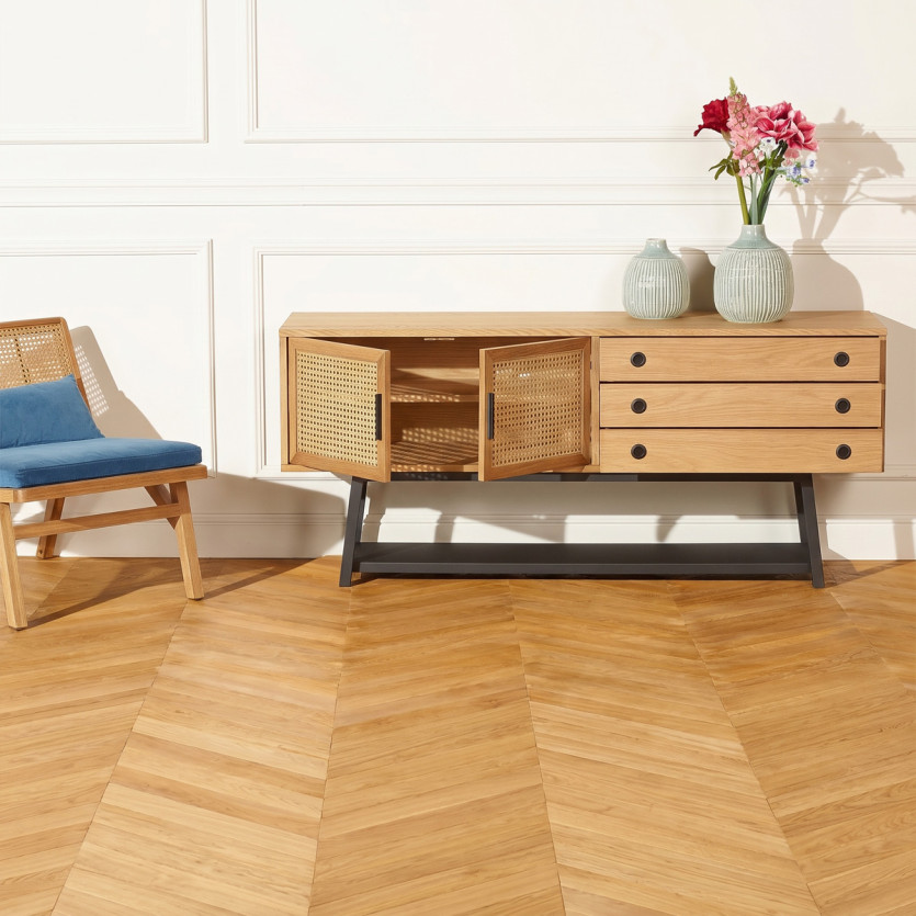 LALALA - Buffet en chêne et cannage, métal, style scandinave 2 portes, 2 tiroirs, 160 cm