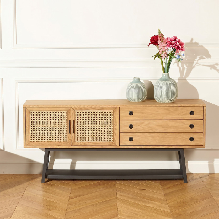 LALALA - Buffet en chêne et cannage, métal, style scandinave 2 portes, 2 tiroirs, 160 cm
