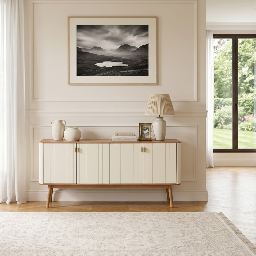 KYOTO - Buffet blanc style contemporain, plateau en chêne, 4 portes, bois certifié FSC®