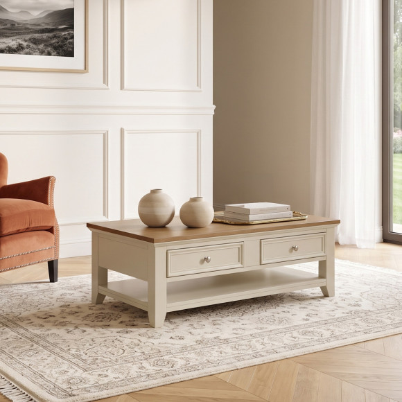 ARCHER – Table basse à tiroirs style contemporain, pieds en bois massif, 4 tiroirs, bois certifié FSC®