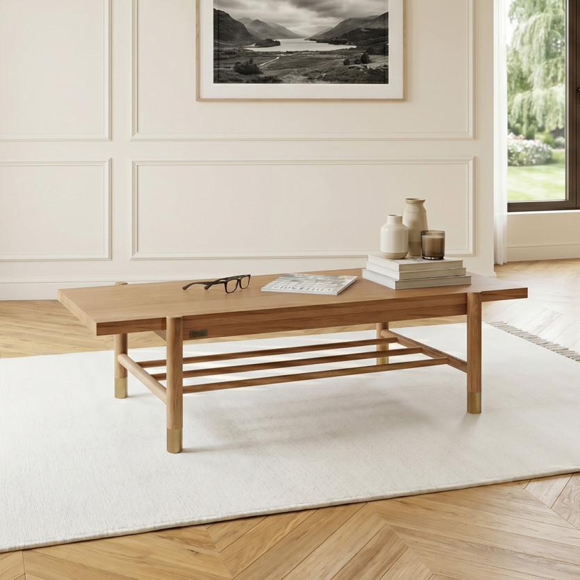 GEORGETOWN - Mesa de centro de estilo moderno en roble, tablero rectangular, patas doradas