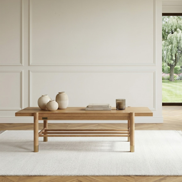 Mesa de centro GEORGETOWN - Estilo moderno en roble, tablero rectangular, patas doradas