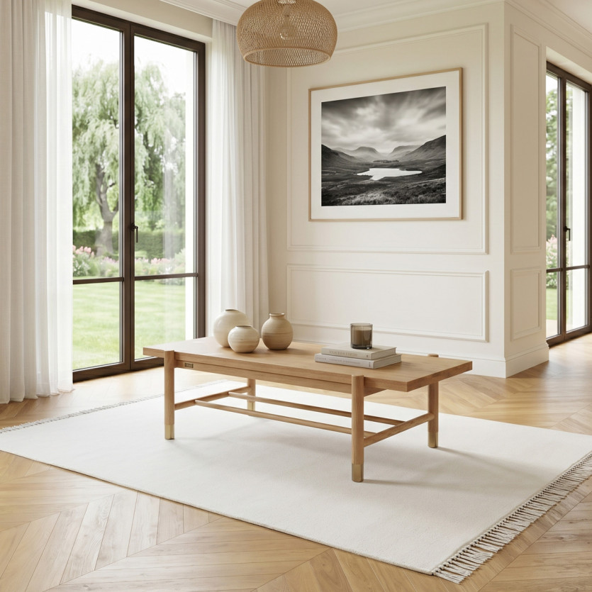 GEORGETOWN - Modern style coffee table in oak, rectangular top, golden legs