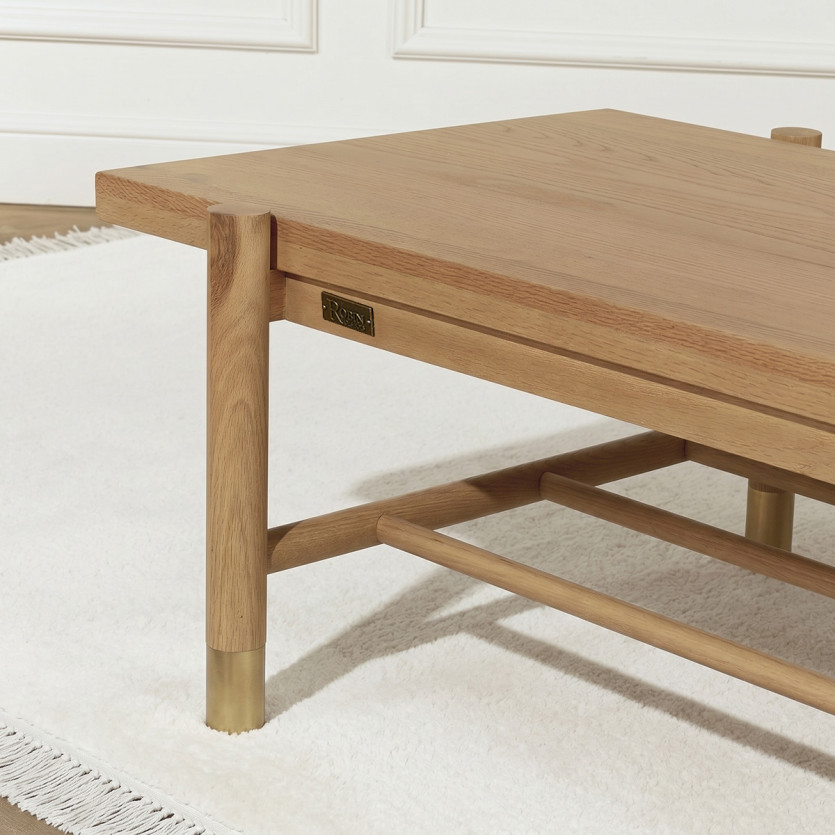 GEORGETOWN - Table basse style moderne en chêne, plateau rectangulaire, pieds dorés