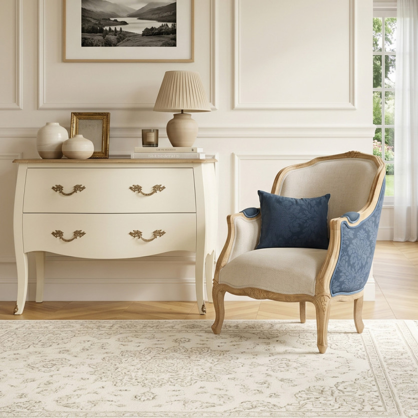 Fauteuil bergère VICTOR NUIT DE CHINE - Style romantique en tissu imprimé fleuri bleu et bois massif, 1 place