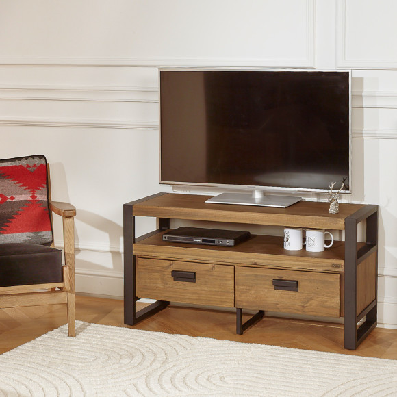 JACK - Industrieller TV-Schrank aus Massivholz und Metall, 1 Fach, 2 Schubladen