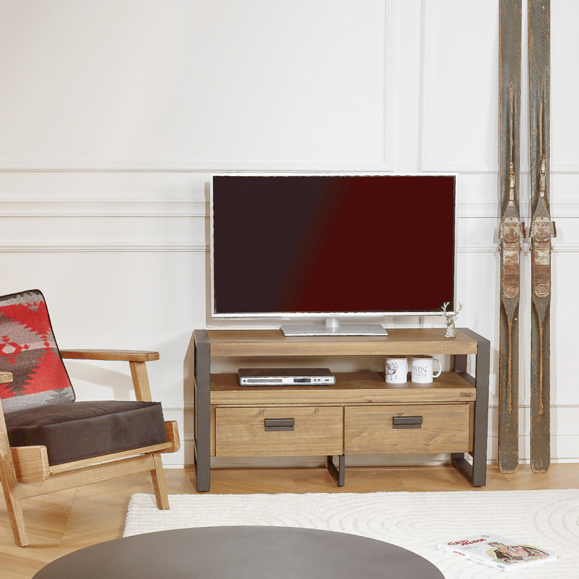 JACK - Meuble TV style industriel en bois massif et métal, 1 niche, 2 tiroirs