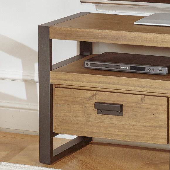 JACK - Industrieller TV-Schrank aus Massivholz und Metall, 1 Fach, 2 Schubladen