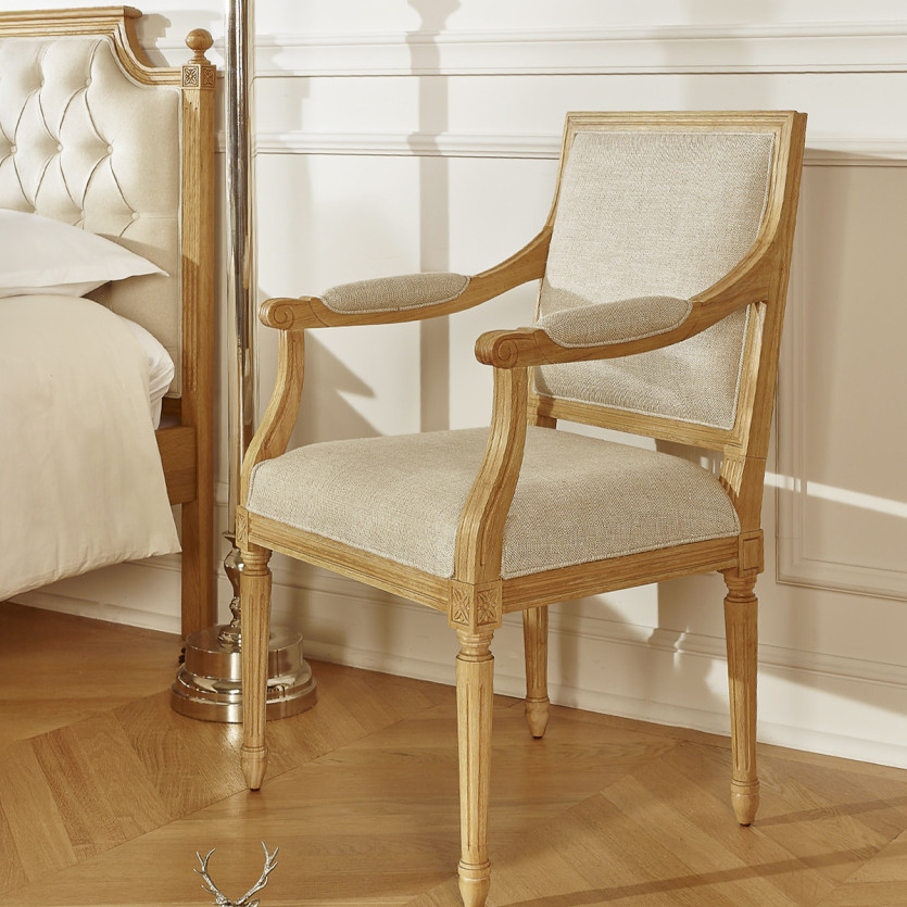 Cadeira de mesa ASTRID - Estilo clássico em madeira maciça e linho premium, 1 lugar