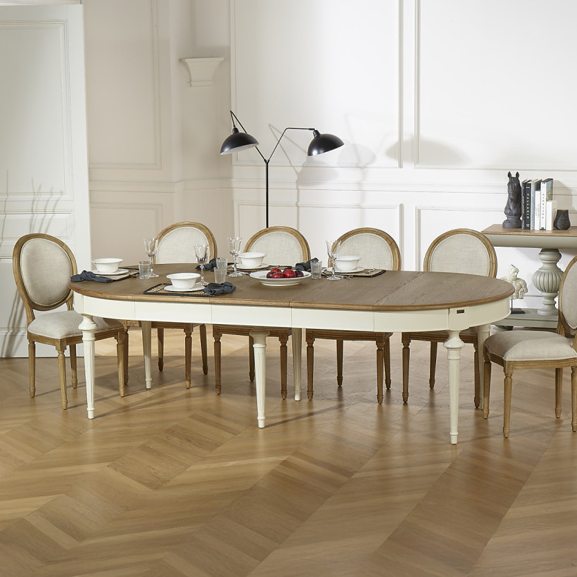 Extendable dining table AMBRE - Shabby chic style, oak top, 4/10 place settings