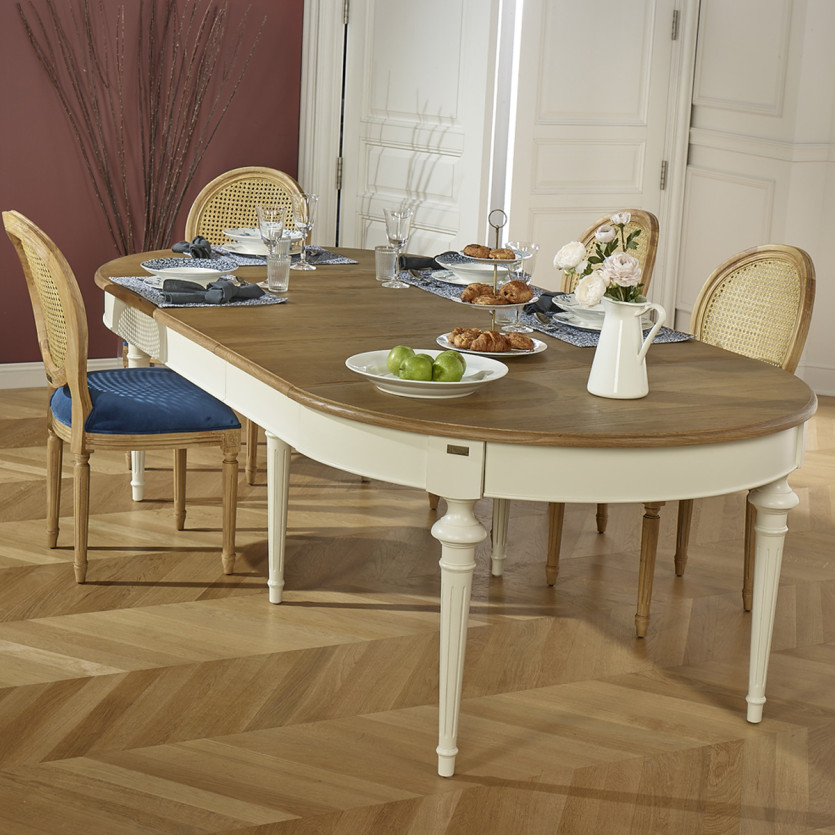 Uitschuifbare eettafel AMBRE - Shabby chic stijl, eiken tafelblad, 4/10 couverts