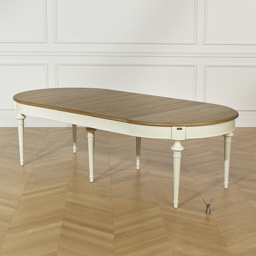 Mesa de comedor extensible AMBRE - Estilo shabby chic, tablero de roble, 4/10 cubiertos