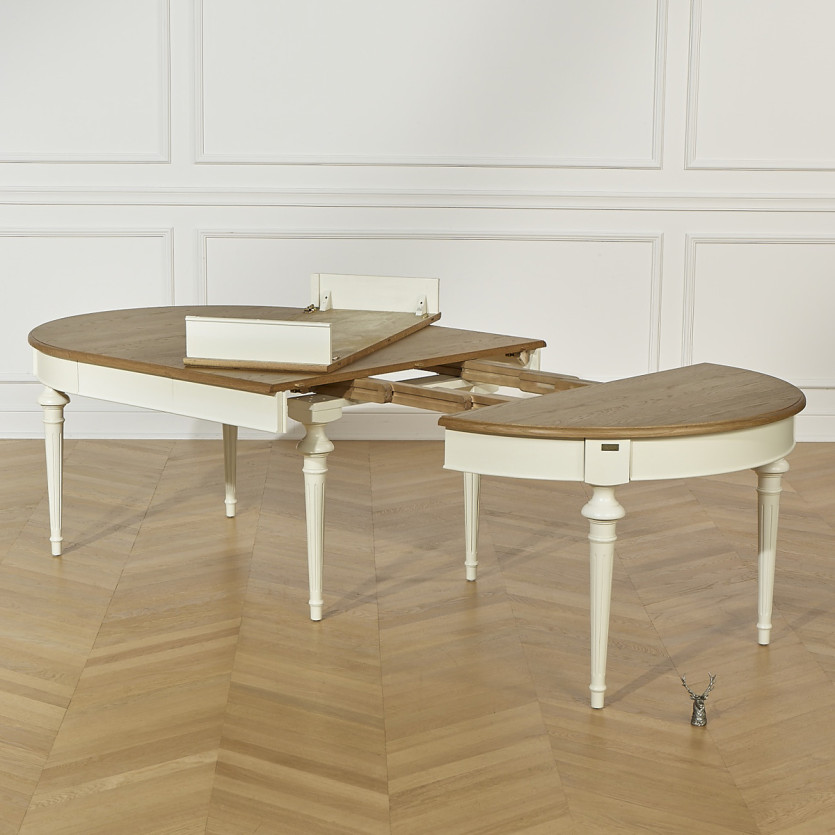 Table à manger extensible AMBRE - Style shabby chic, plateau en chêne, 4/10 couverts