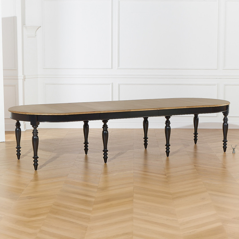Table à manger extensible JADE LOU – Style shabby chic, plateau en chêne, pieds noirs, 6/14 couverts