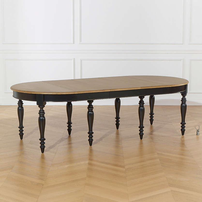 Table à manger extensible JADE LOU – Style shabby chic, plateau en chêne, pieds noirs, 6/14 couverts