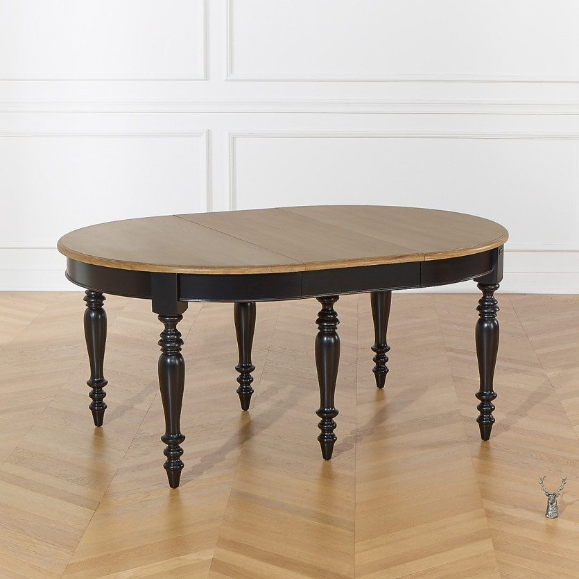 JADE LOU Extendable Dining Table – Shabby Chic Style, Oak Top, Black Legs, Seats 6/14