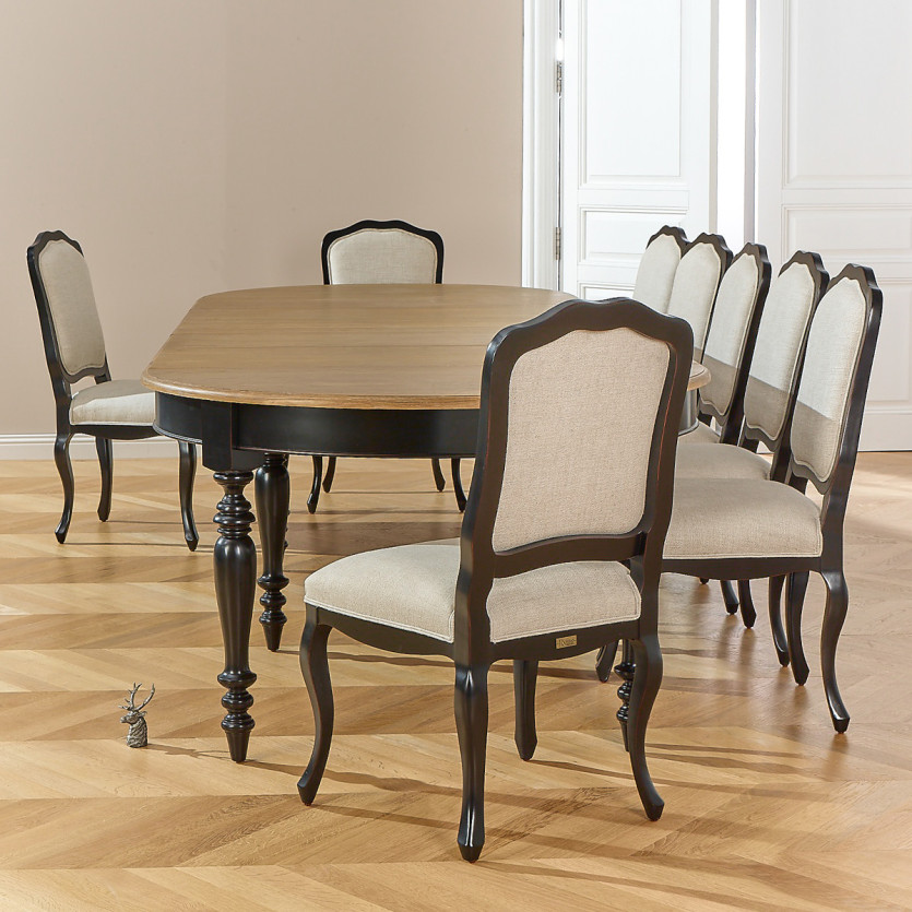 JADE LOU Extendable Dining Table – Shabby Chic Style, Oak Top, Black Legs, Seats 6/14