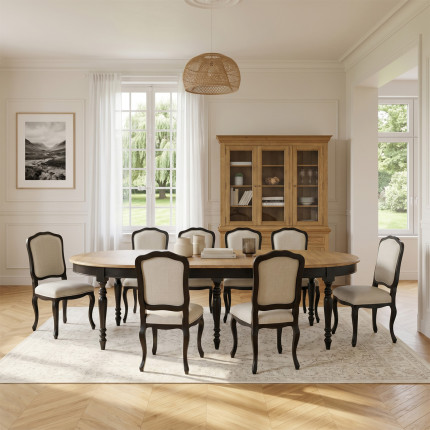 Table à manger extensible JADE LOU – Style shabby chic, plateau en chêne, pieds noirs, 6/14 couverts