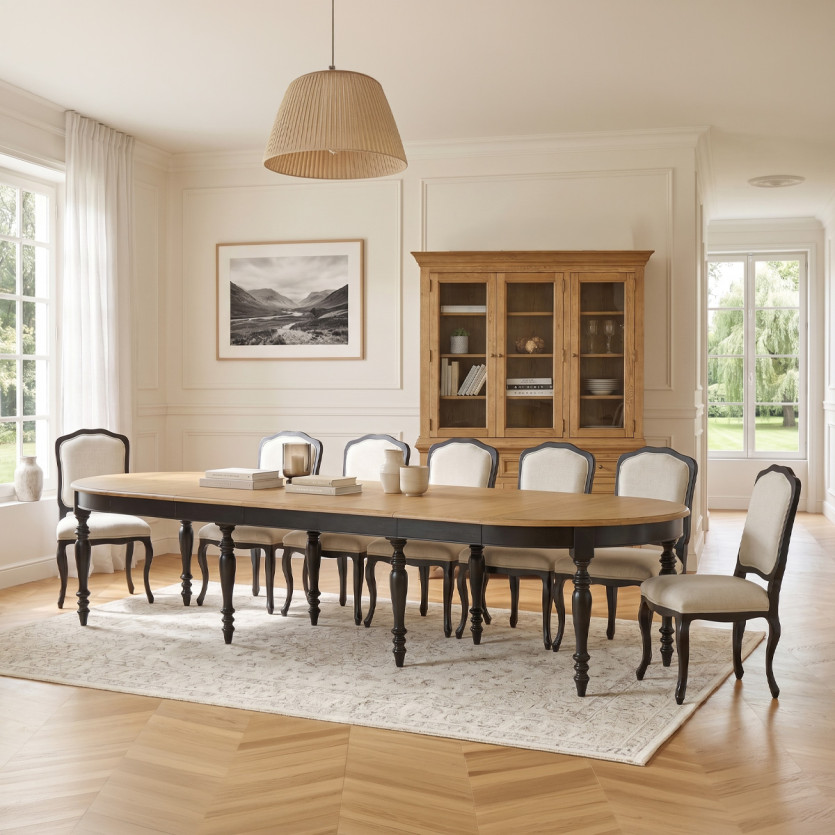 JADE LOU Extendable Dining Table – Shabby Chic Style, Oak Top, Black Legs, Seats 6/14
