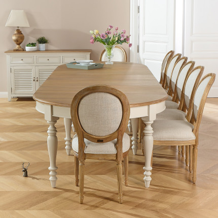 JADE LOU extendable dining table – Shabby chic style, oak top, 6/14 settings