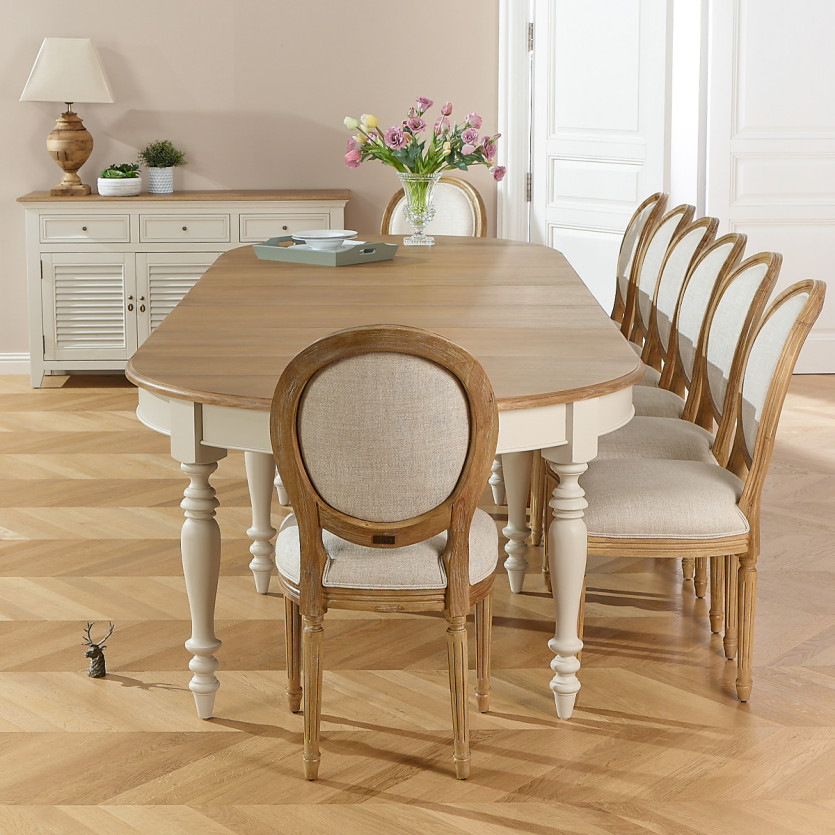 JADE LOU extendable dining table – Shabby chic style, oak top, 6/14 settings