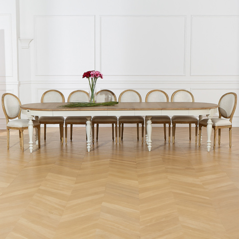 Mesa de comedor extensible JADE LOU – Estilo shabby chic, tablero de roble, 6/14 cubiertos