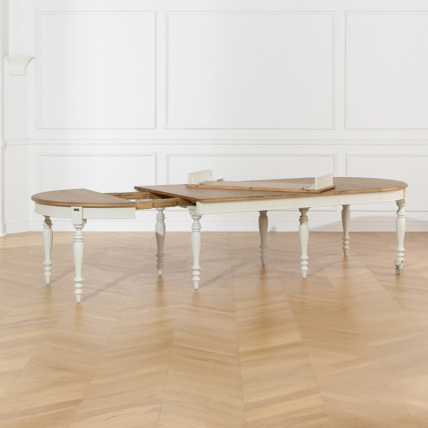 JADE LOU extendable dining table – Shabby chic style, oak top, 6/14 settings