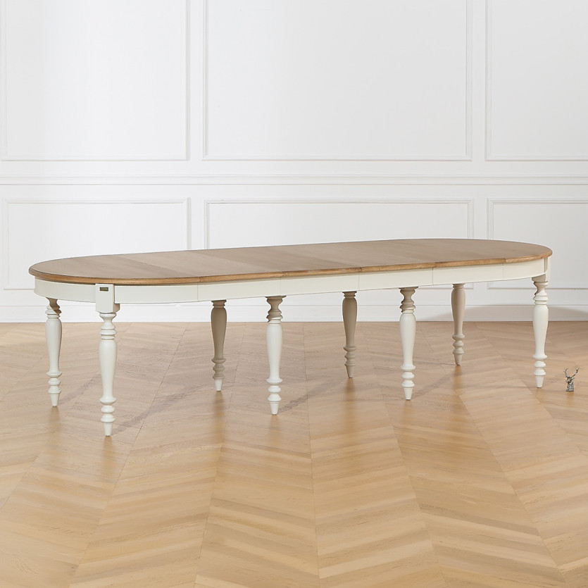 Mesa de comedor extensible JADE LOU – Estilo shabby chic, tablero de roble, 6/14 cubiertos