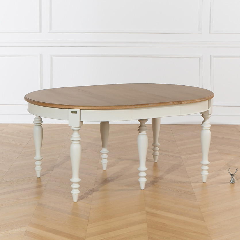 JADE LOU extendable dining table – Shabby chic style, oak top, 6/14 settings