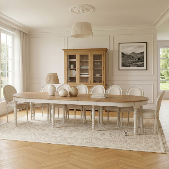 Uitschuifbare eettafel JADE LOU – Shabby chic stijl, eiken blad, witte poten, 6/14 personen