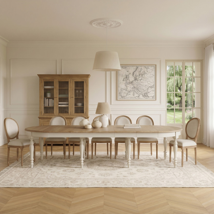 JADE LOU extendable dining table – Shabby chic style, oak top, 6/14 settings