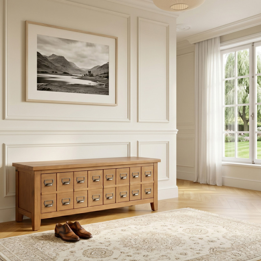 Banc à chaussures JEAN – Shabby chic, 4 casiers, bois certifié FSC®