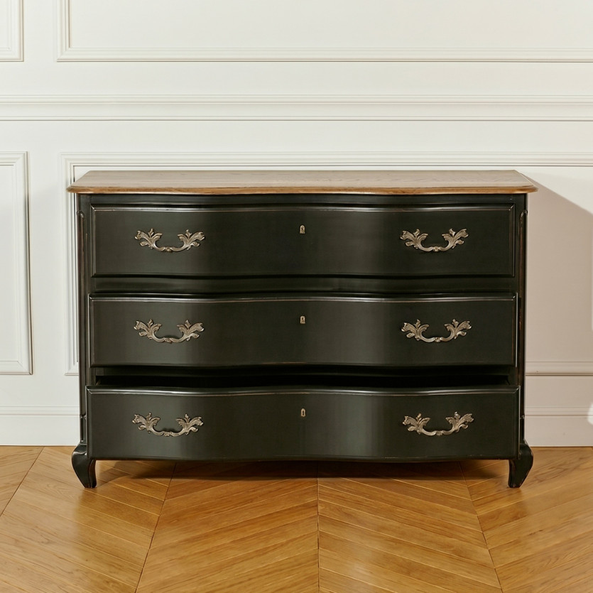 SERRENA - Zwarte shabby chic commode van eikenhout, 3 lades