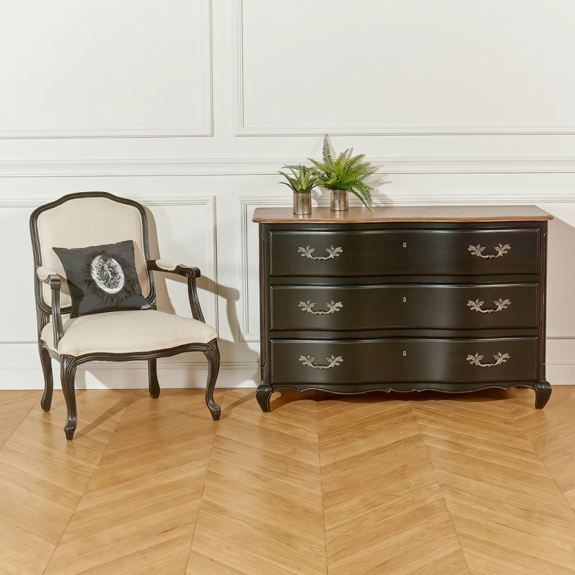 SERRENA - Zwarte shabby chic commode van eikenhout, 3 lades