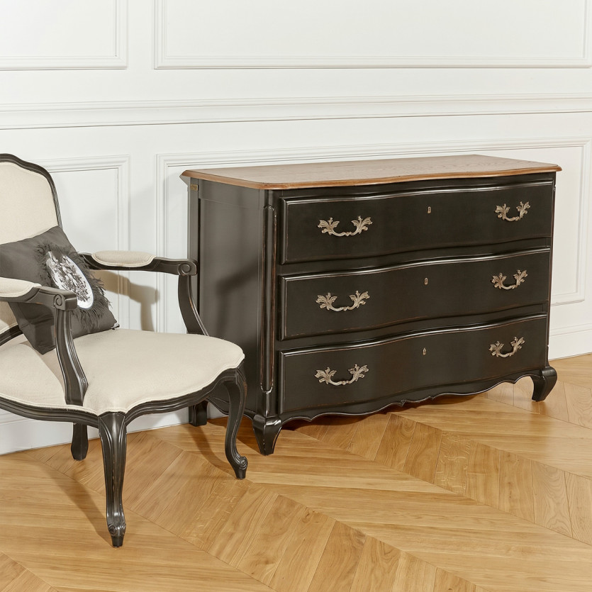 SERRENA - Zwarte shabby chic commode van eikenhout, 3 lades