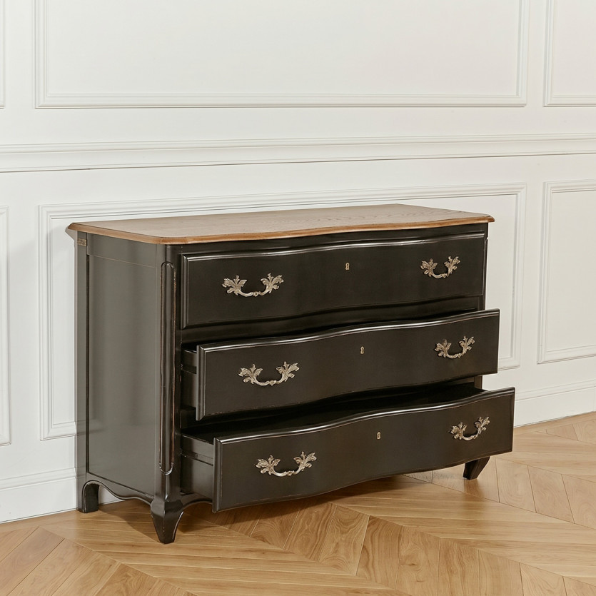 SERRENA - Schwarze Shabby Chic Kommode aus Eiche, 3 Schubladen