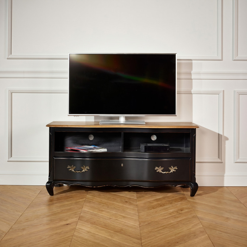 SERRENA - Schwarzes romantisches TV-Möbel, Eichenplatte, 2 Nischen, 1 Schublade