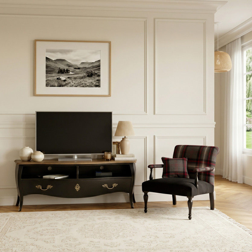 ALIENOR – Meuble tv 145 cm, plateau chêne, style intemporel, 1 tiroir, 2 niches, bois certifié FSC®