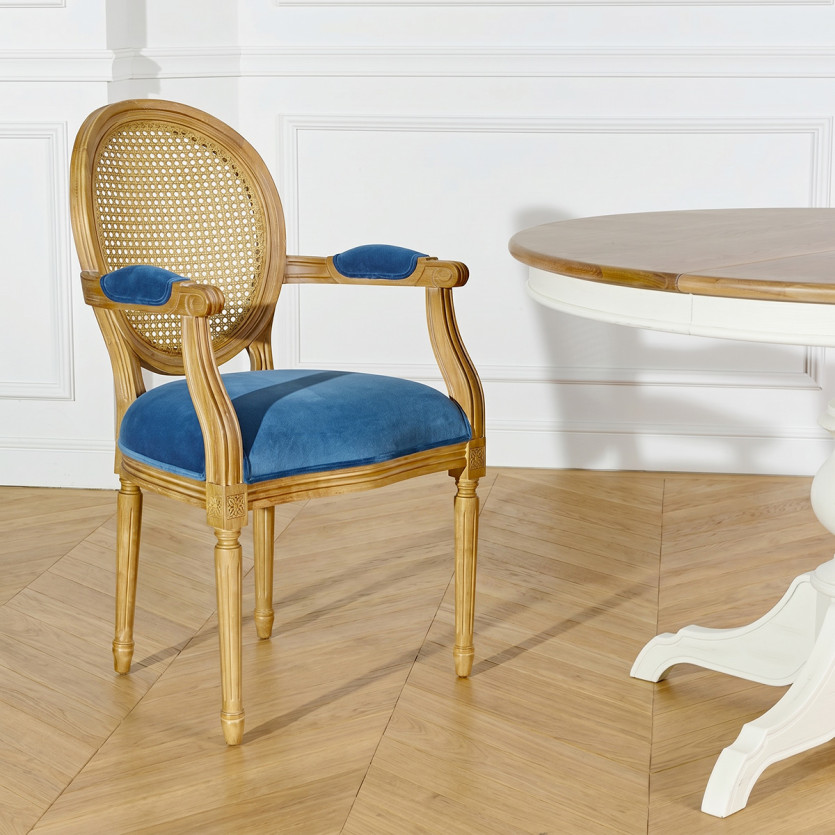 MEDAILLON – Fauteuil cabriolet style classique, cannage, velours et bois massif, bois certifié FSC®, 1 place