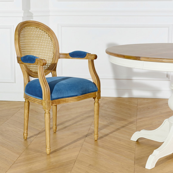MEDALLION – Classic style cabriolet armchair, caning, velvet and solid wood, certified wood, 1 seat