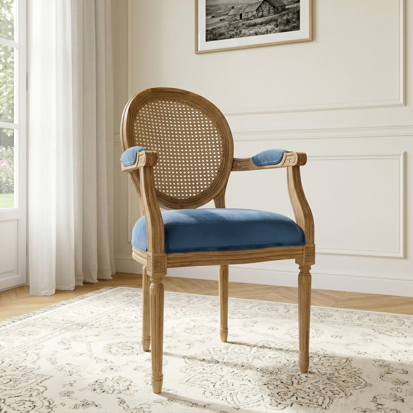 MEDAILLON – Fauteuil cabriolet style classique, cannage, velours et bois massif, bois certifié FSC®, 1 place