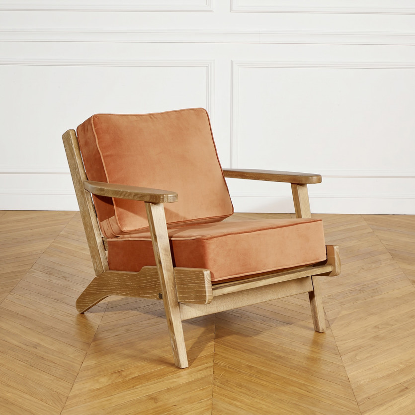 ALESIA - Fauteuil style vintage en chêne et tissu velours de coton, 1 place