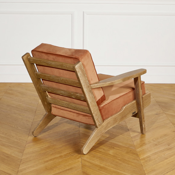 ALESIA - Fauteuil style vintage en chêne et tissu velours de coton, 1 place