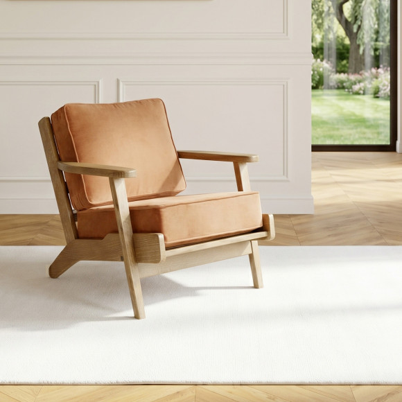 ALESIA - Fauteuil style vintage en chêne et tissu velours de coton, 1 place